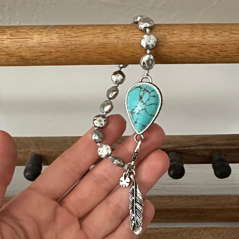 Lucky Brand Silver Bracelet with Turquoise Stone and Feather Charm